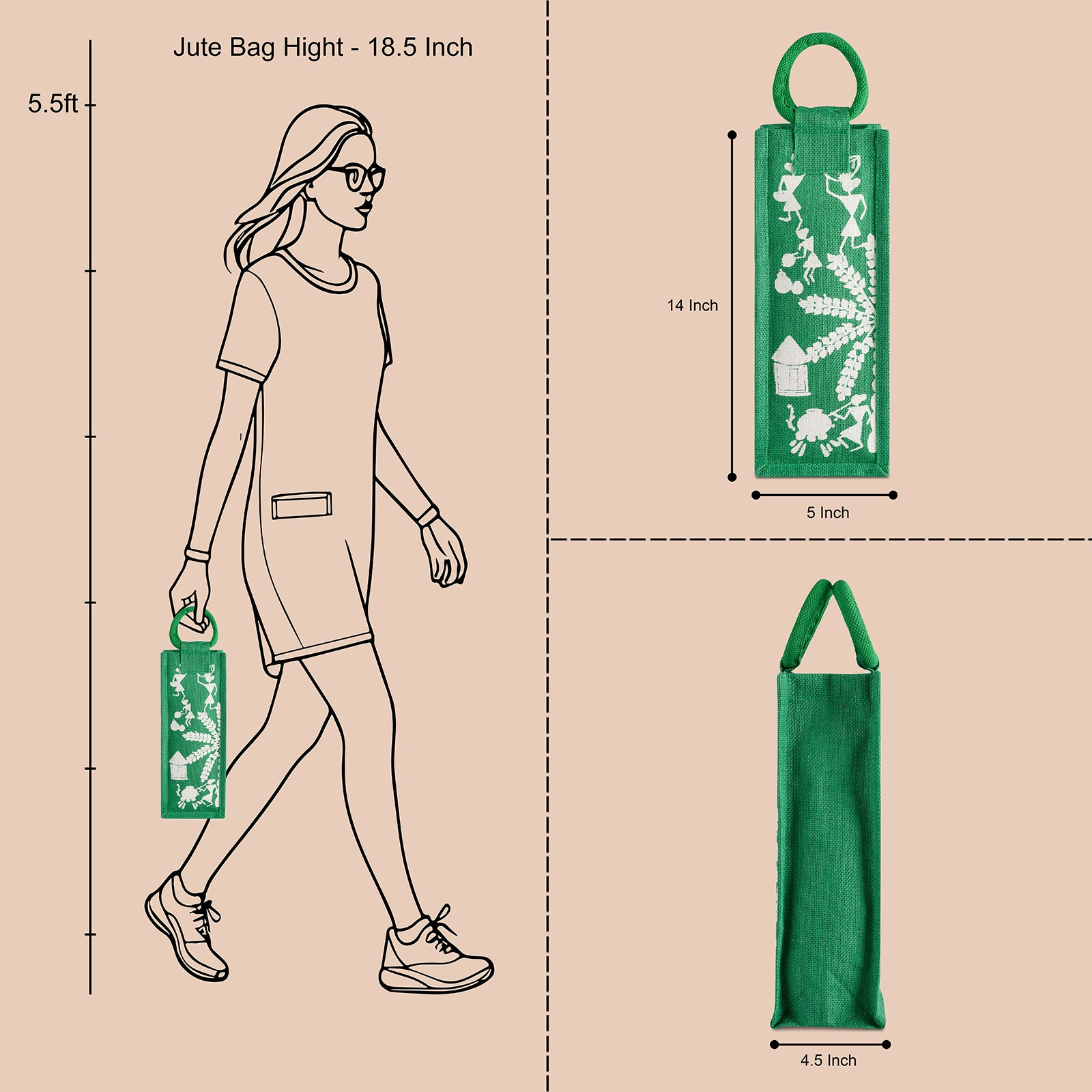 JUTE COTTAGE BOTTLE BAG WARLI PRINT, SUSTAINABLE, ECO-FRIENDLY, 100% GENUINE, STYLISH JUTE BAG (GREEN 14X5X4.5)