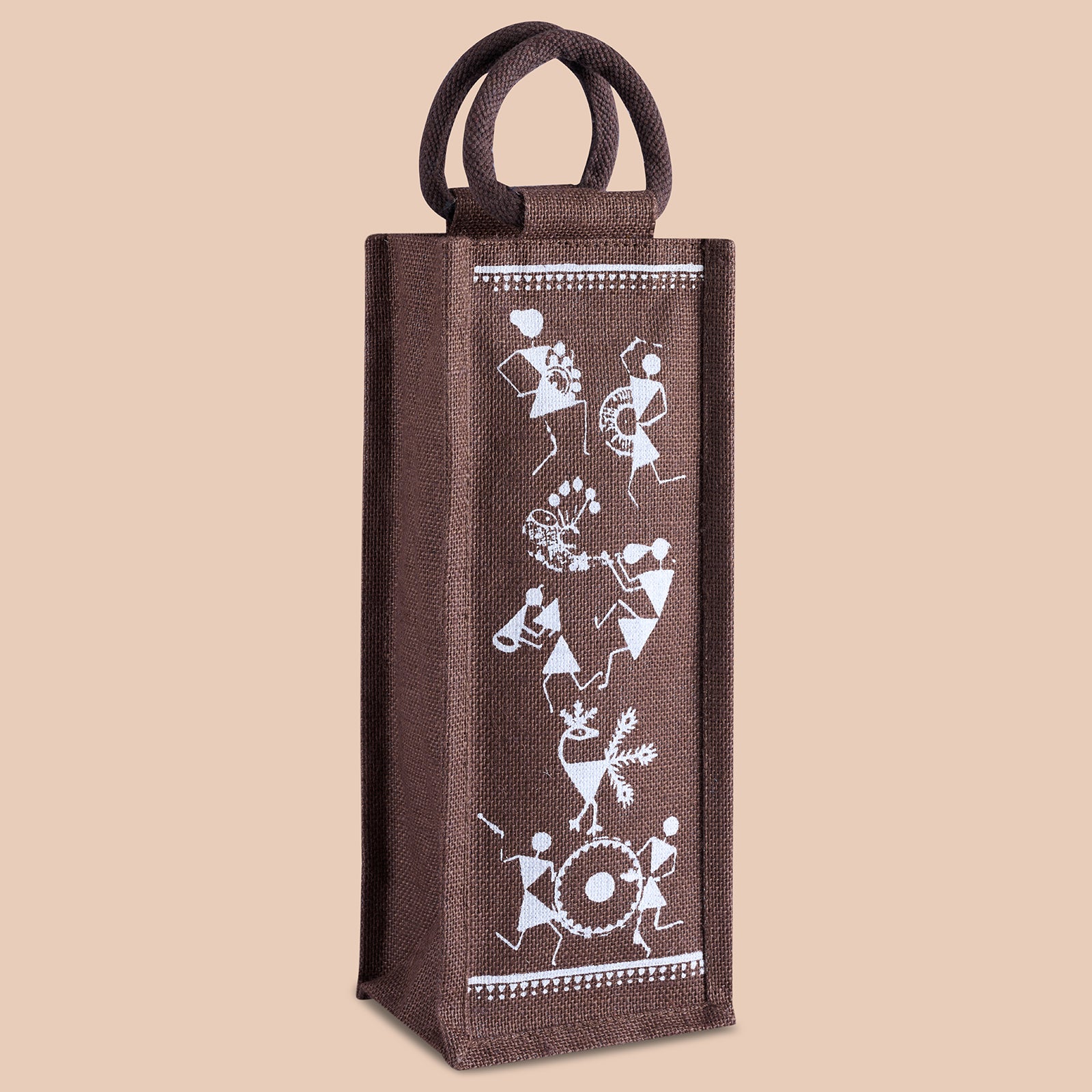 JUTE COTTAGE BOTTLE BAG WARLI PRINT, SUSTAINABLE, ECO-FRIENDLY, 100% GENUINE JUTE, STYLISH (WHITE/BROWN 14X5X4.5)