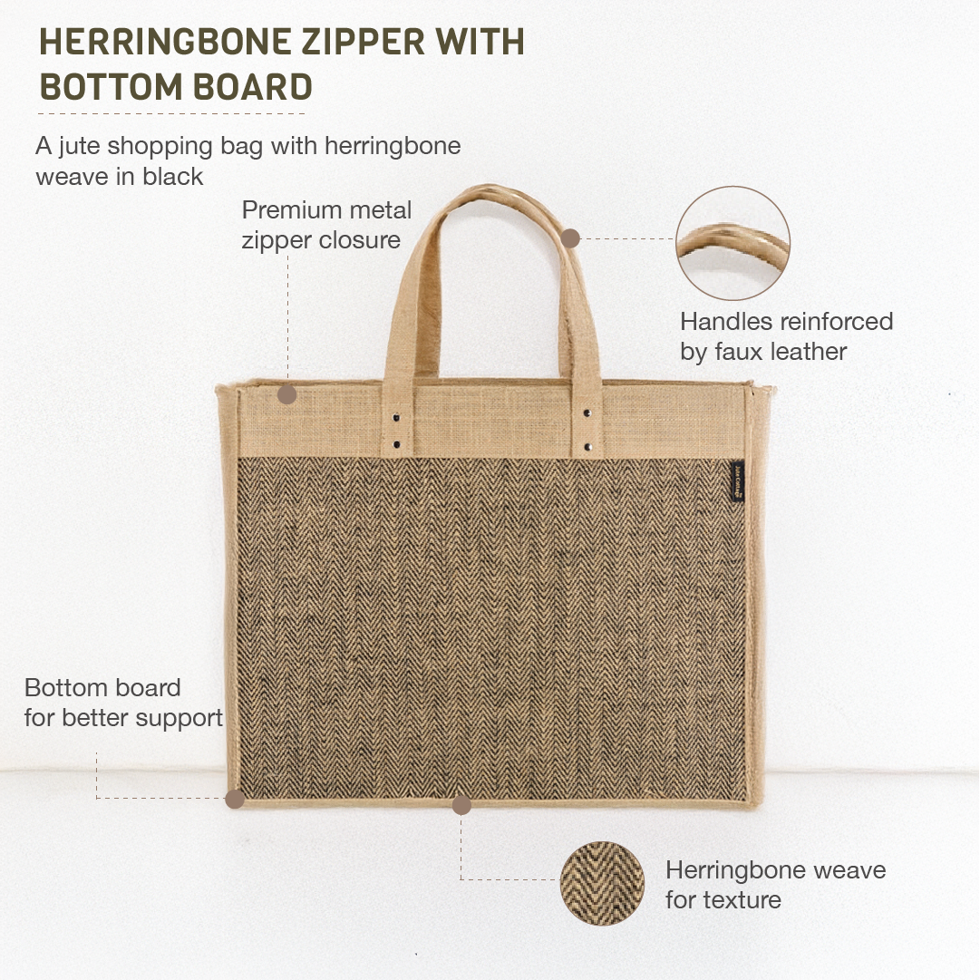 Herringbone Jute Zipper Shopping bag with Bottom board