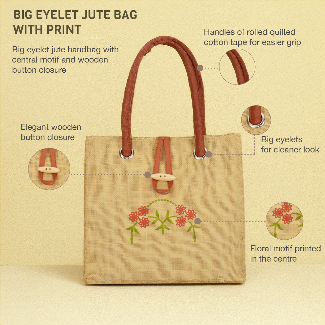 Big eyelet Jute handbag with central motif print