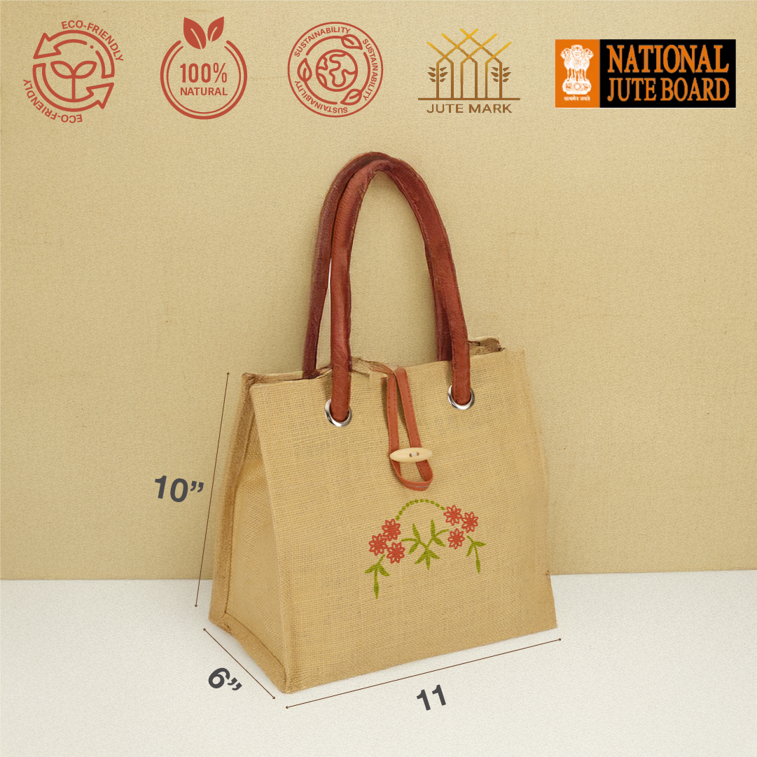 Big eyelet Jute handbag with central motif print