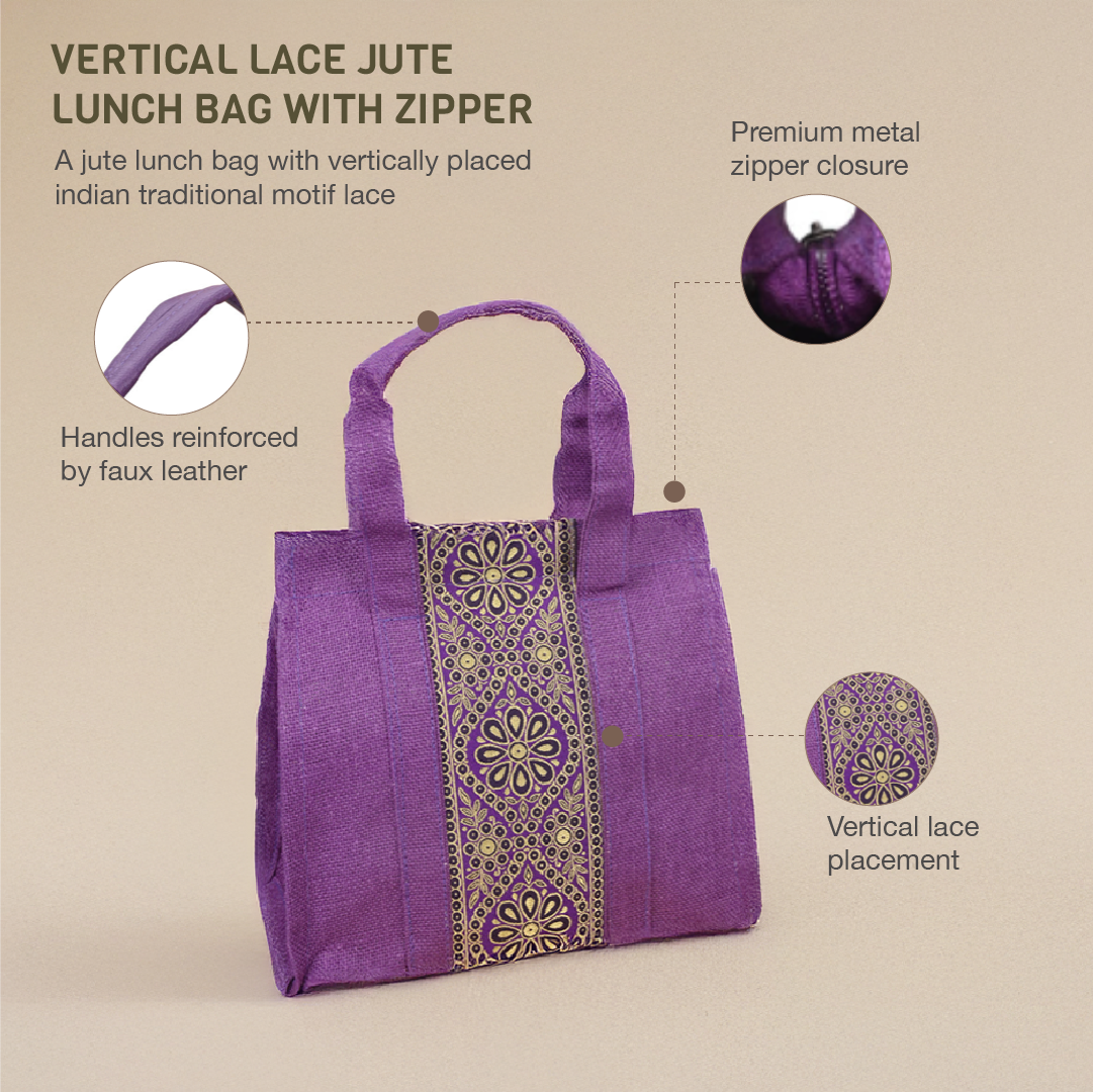Vertical Lace Jute Lunch Bag with Zipper
