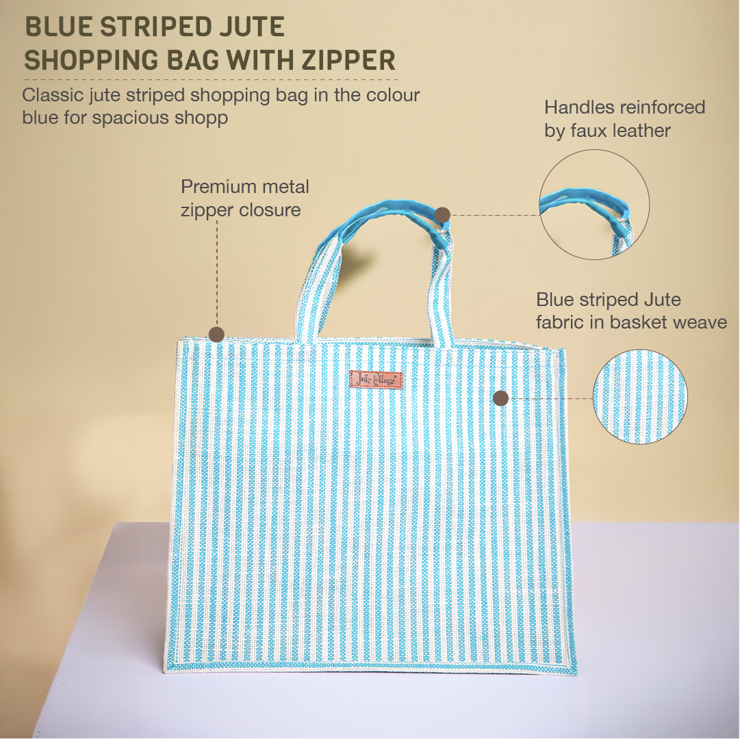 Blue Striped Jute Shopping Bag with Zipper