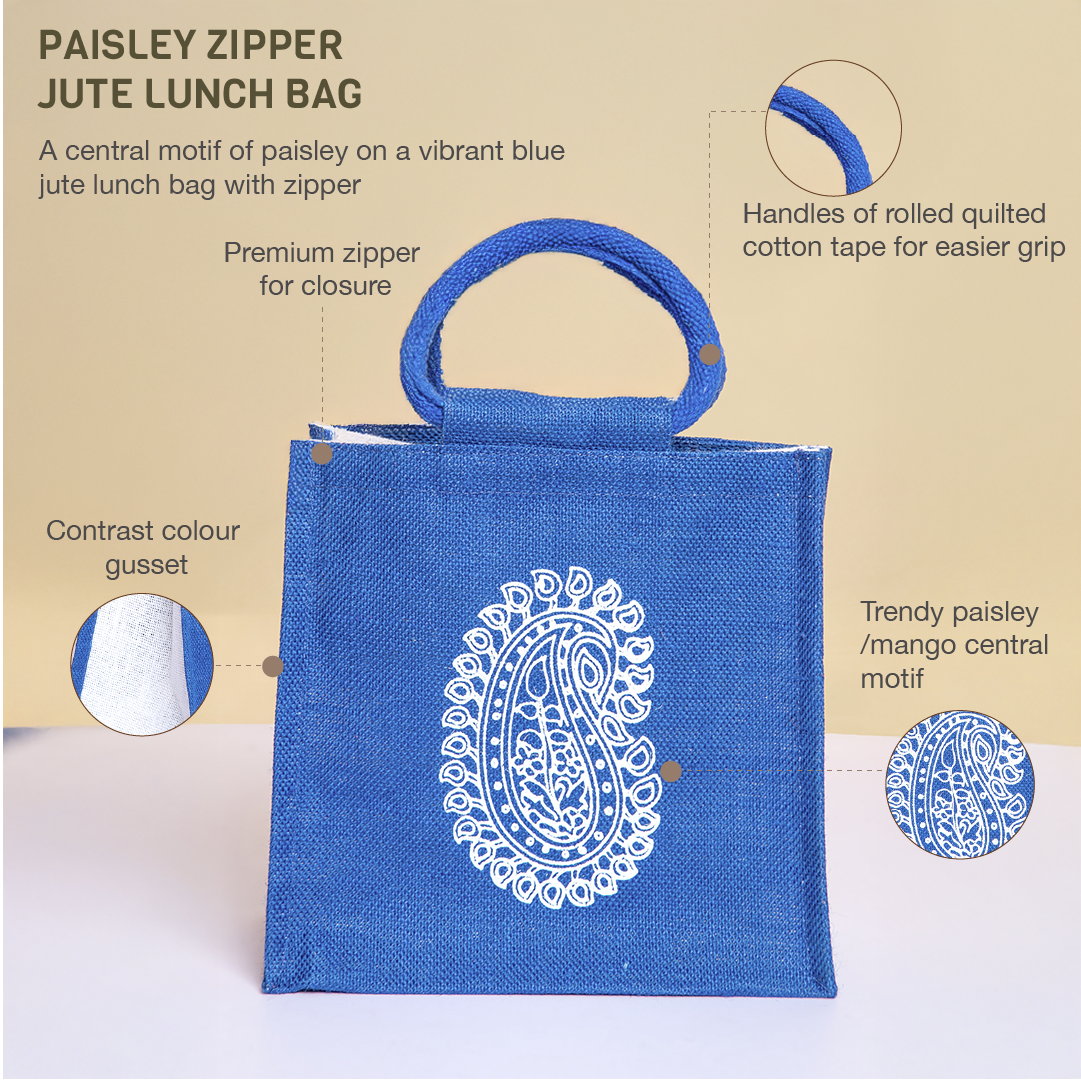 Motif Zipper Jute Lunch Bag
