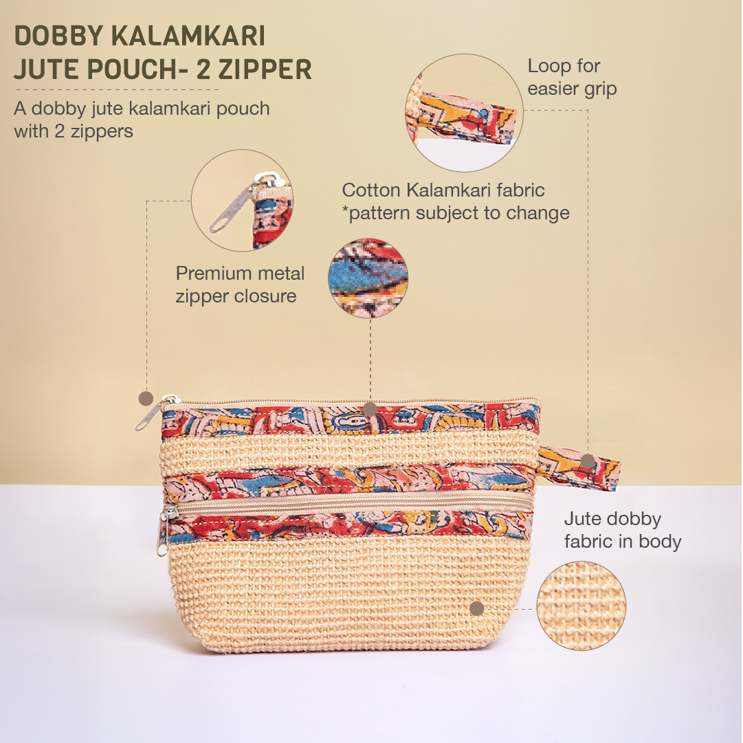 Dobby Kalamkari Jute Pouch - 2 Zip