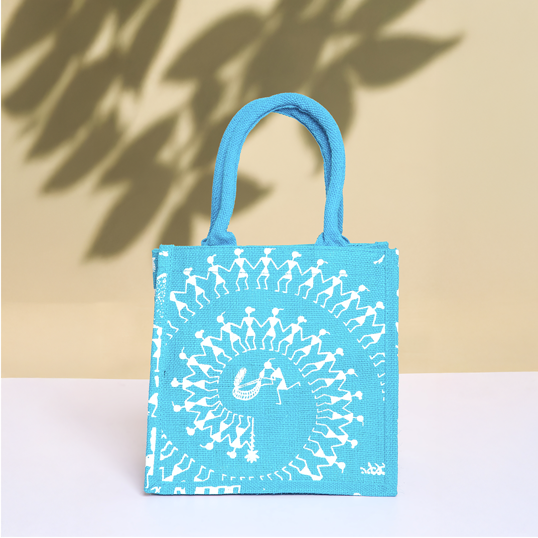 Warli Print Zipper Jute Lunch Bag