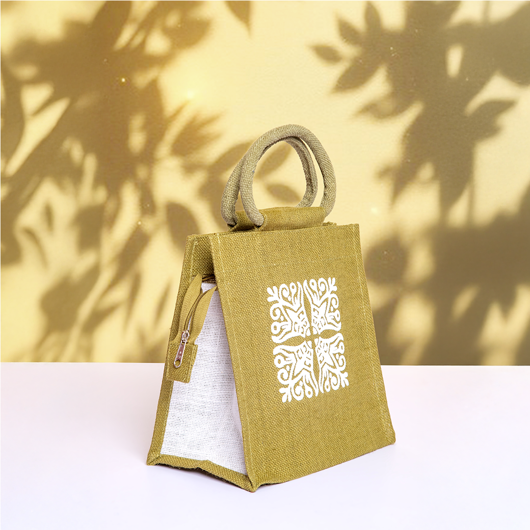 Motif Zipper Jute Lunch Bag