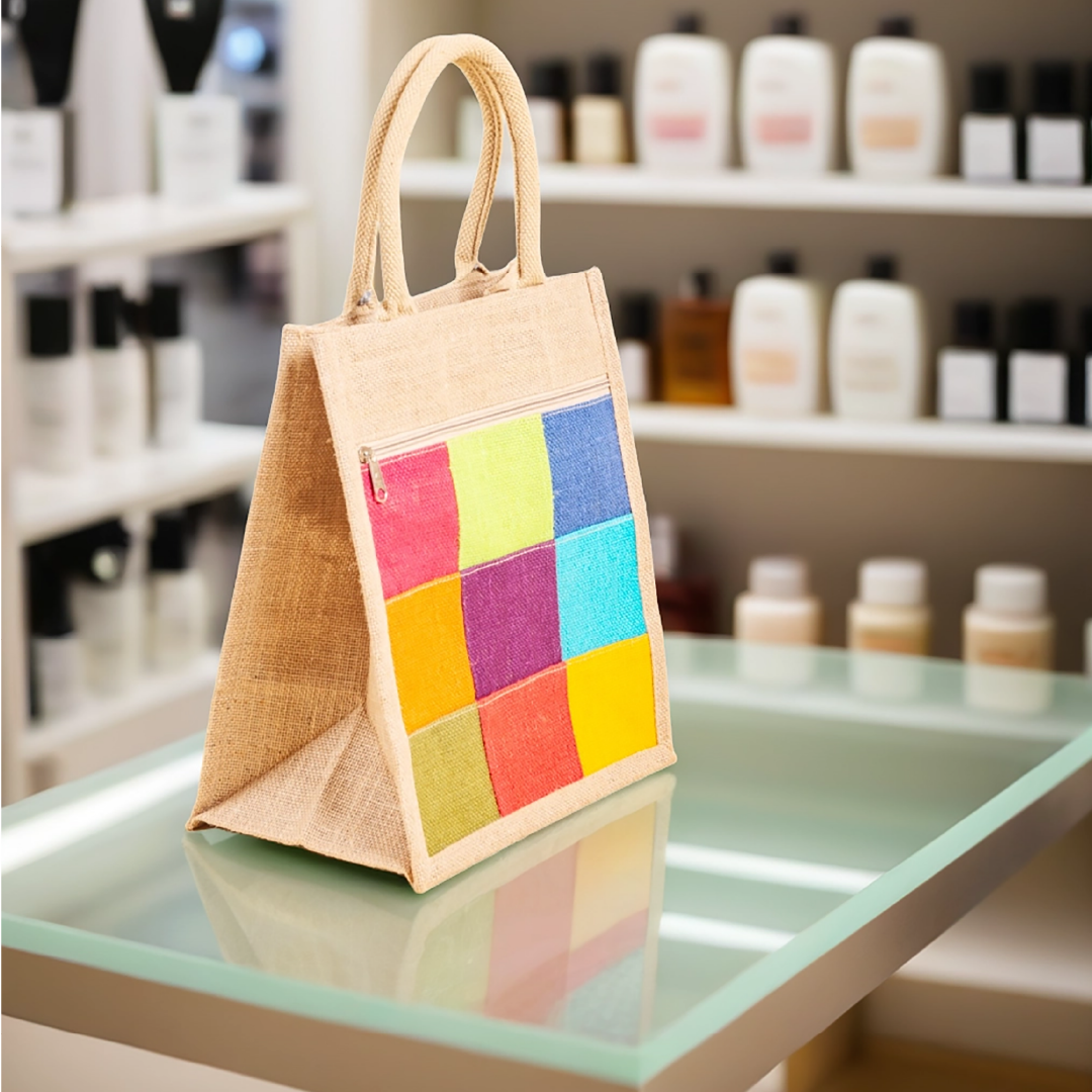 Combo of Jute Multicolor Patchwork Lunch Bag and Multicolor Patchwork Bottle Bag