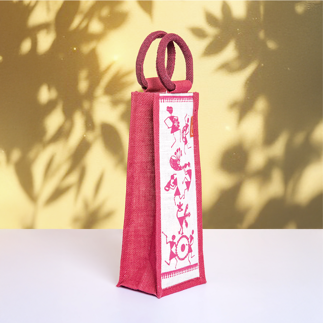 Warli Print Jute Bottle Bag