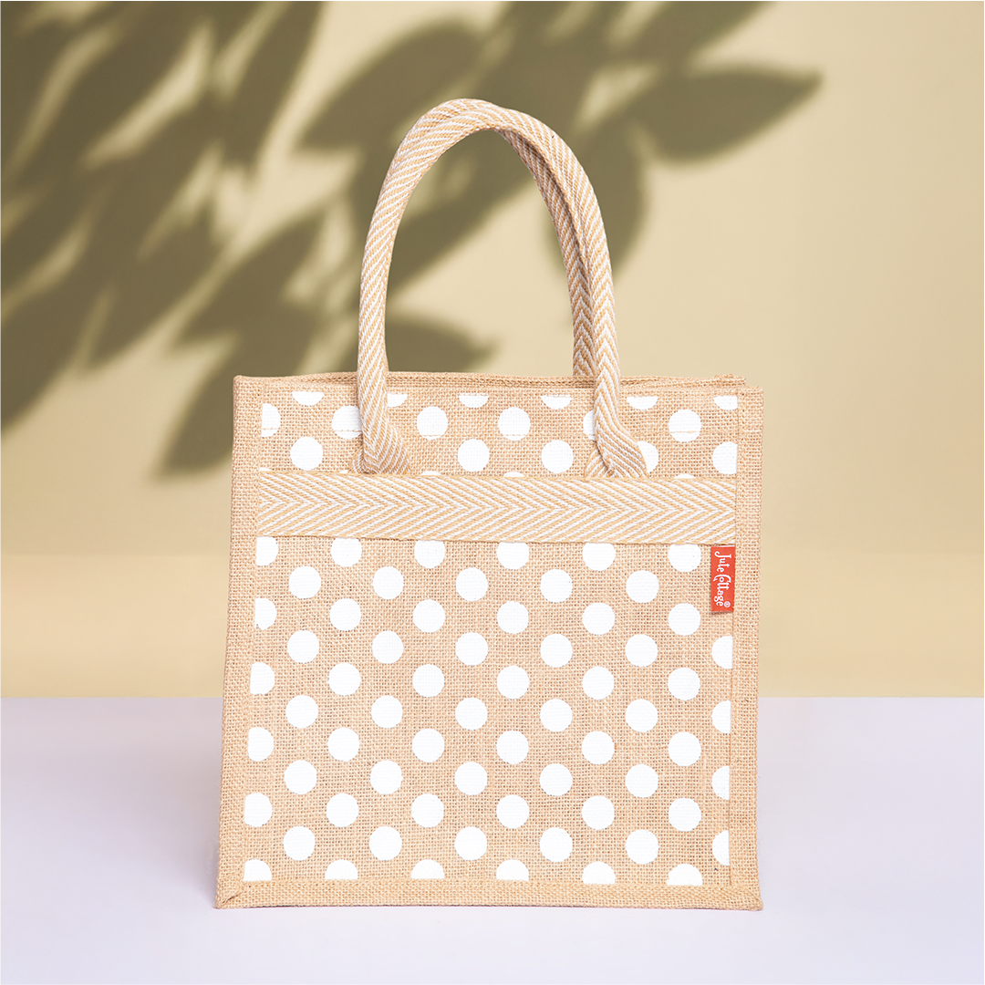 Polka Dot Jute Lunch Bag with Zipper