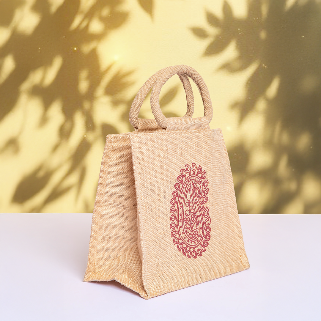 Motif Zipper Jute Lunch Bag
