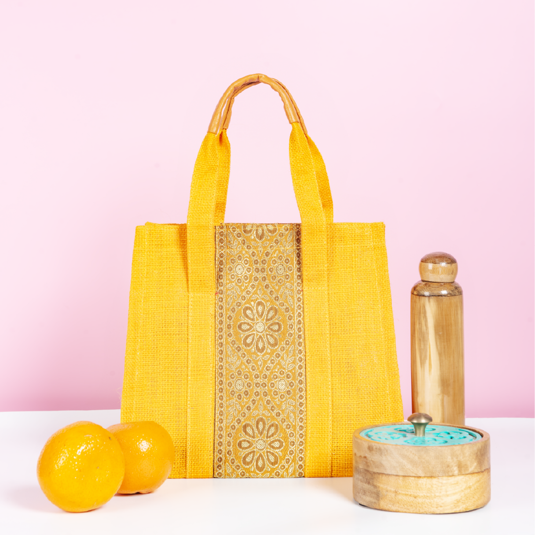 Vertical Lace Jute Lunch Bag with Zipper