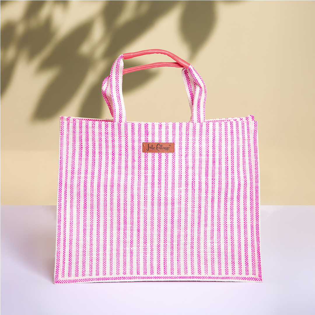 Striped Jute Shopping Bag with Zipper Medium