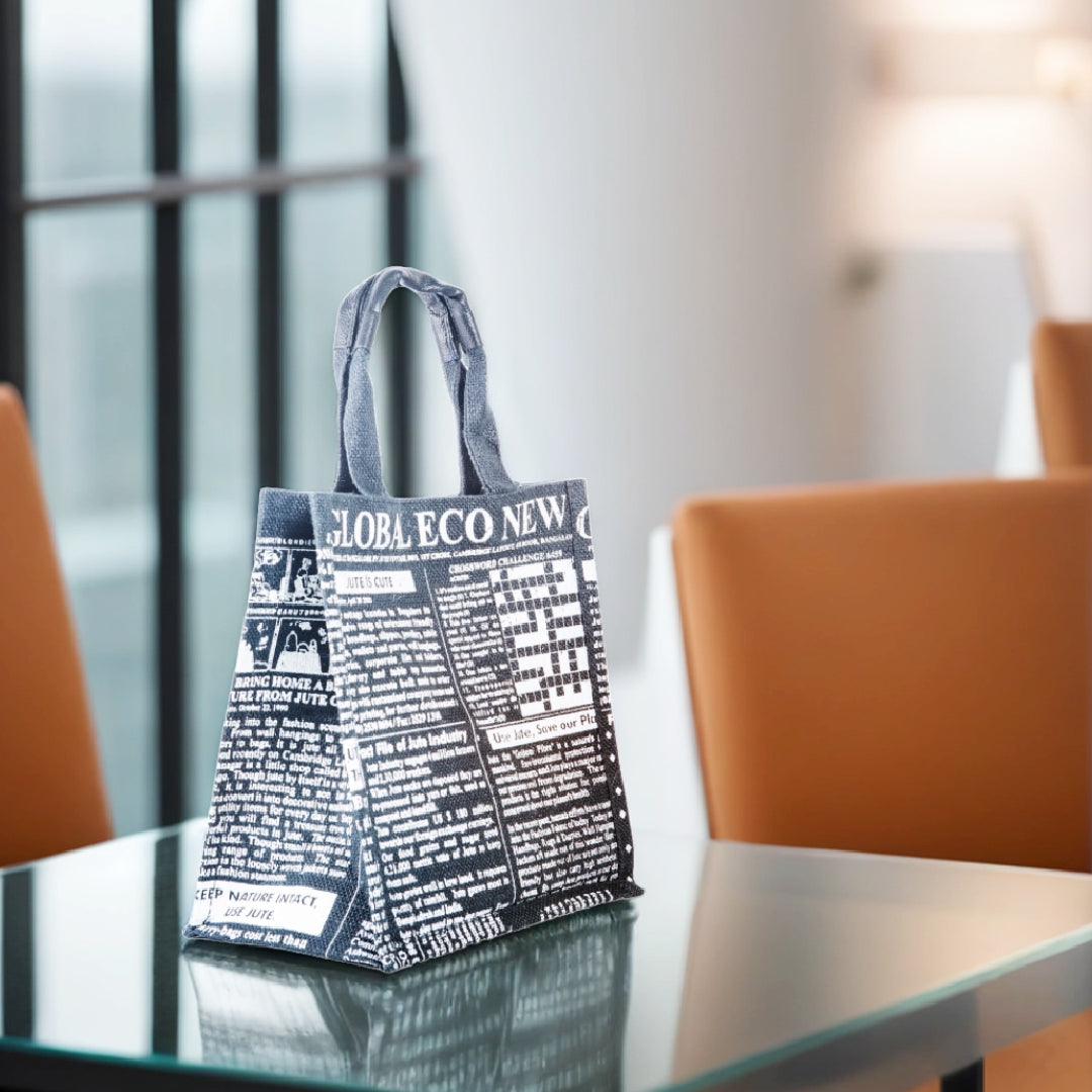 Global Newspaper Print Jute Lunch Bag Small Black