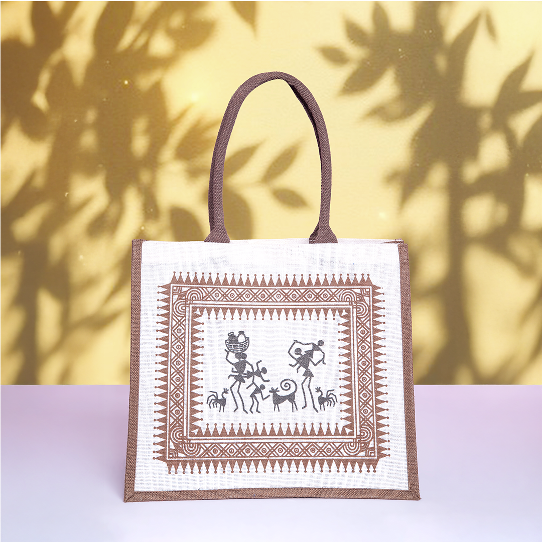 Warli Print Hook and Loop Fastener Jute Shopping Bag