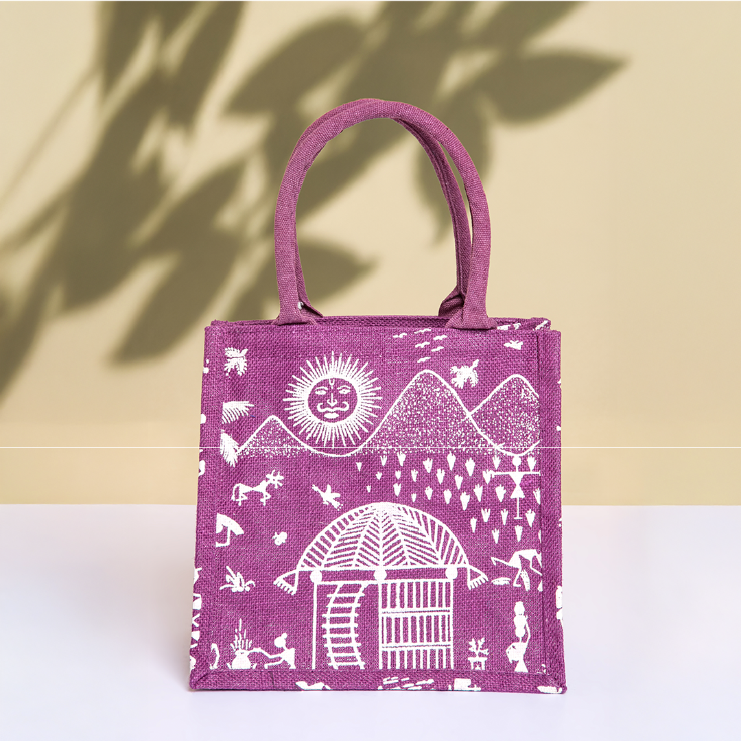 Warli Print Zipper Jute Lunch Bag