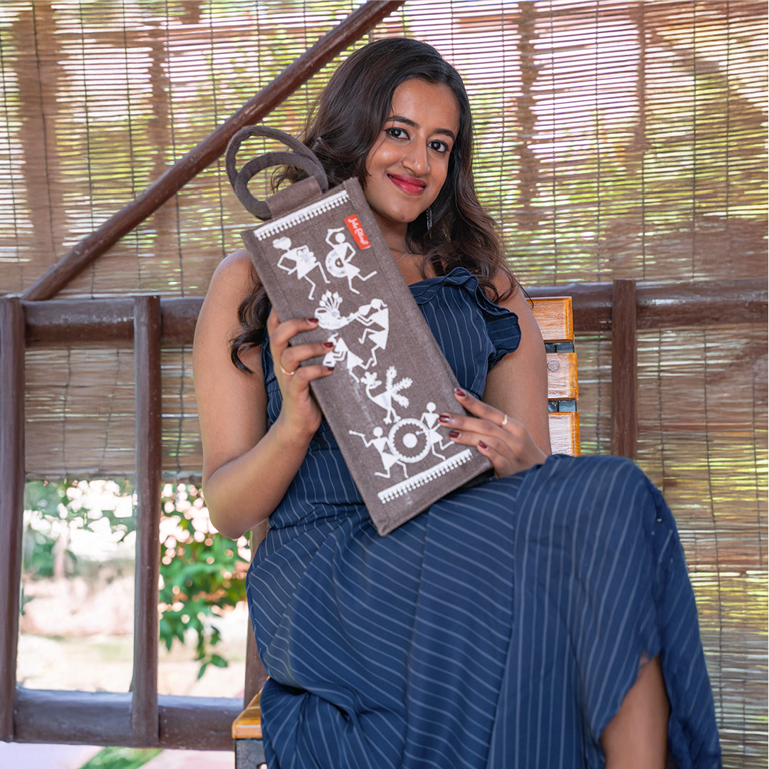 Warli Print Jute Bottle Bag