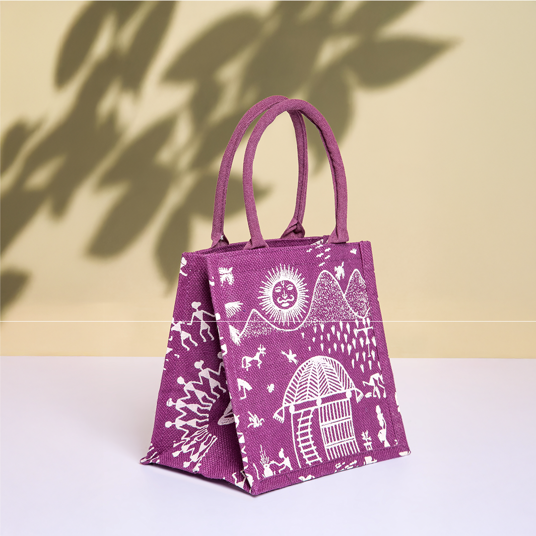 Warli Print Zipper Jute Lunch Bag