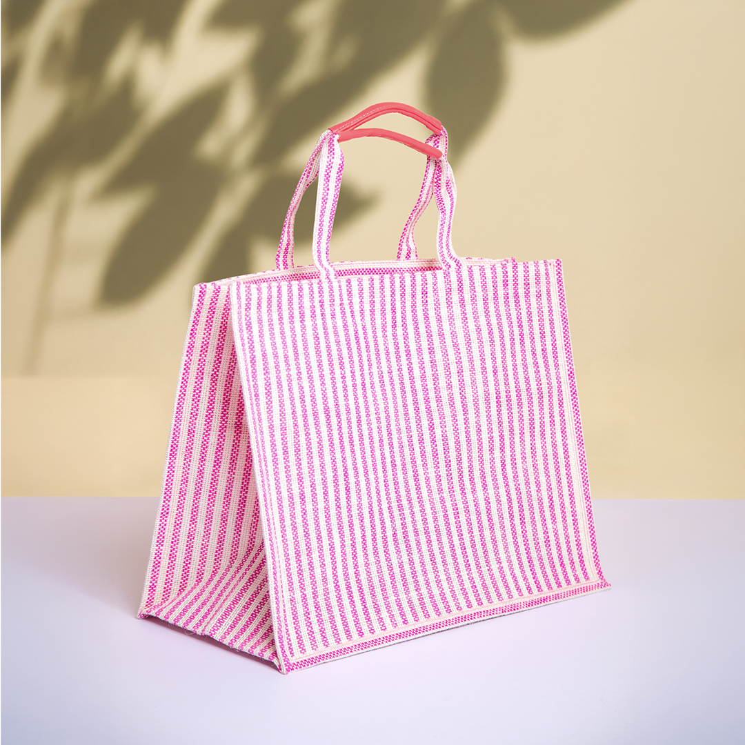 Striped Jute Shopping Bag with Zipper Medium