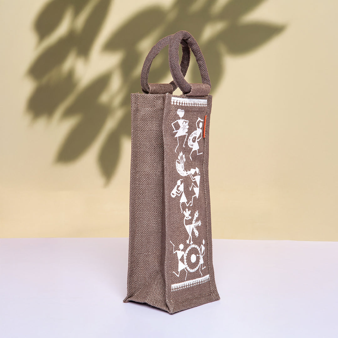 Warli Print Jute Bottle Bag