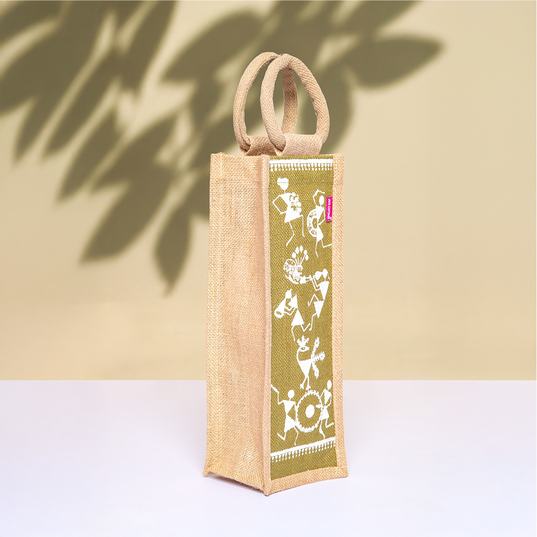 Warli Print Jute Bottle Bag