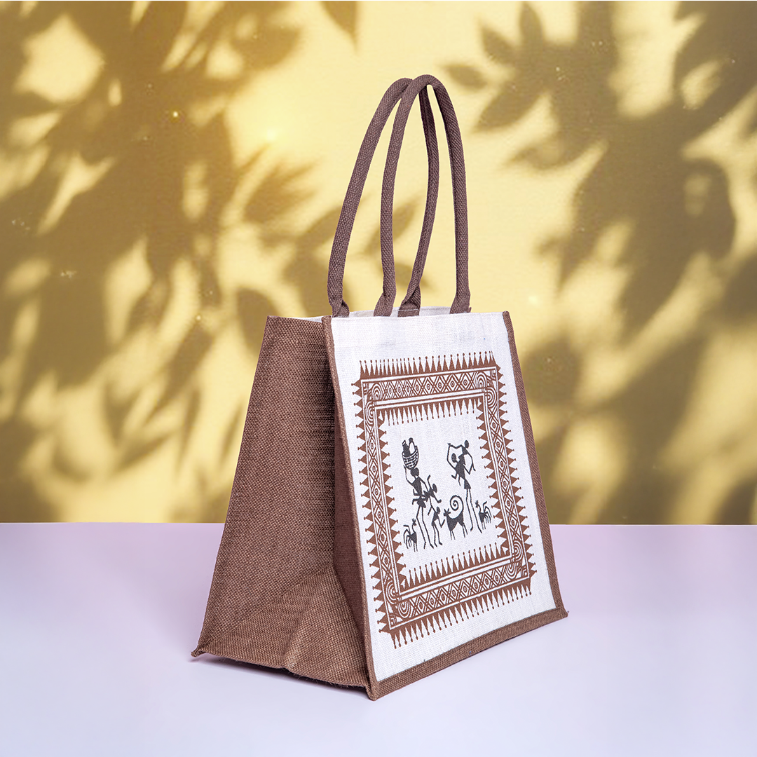 Warli Print Hook and Loop Fastener Jute Shopping Bag