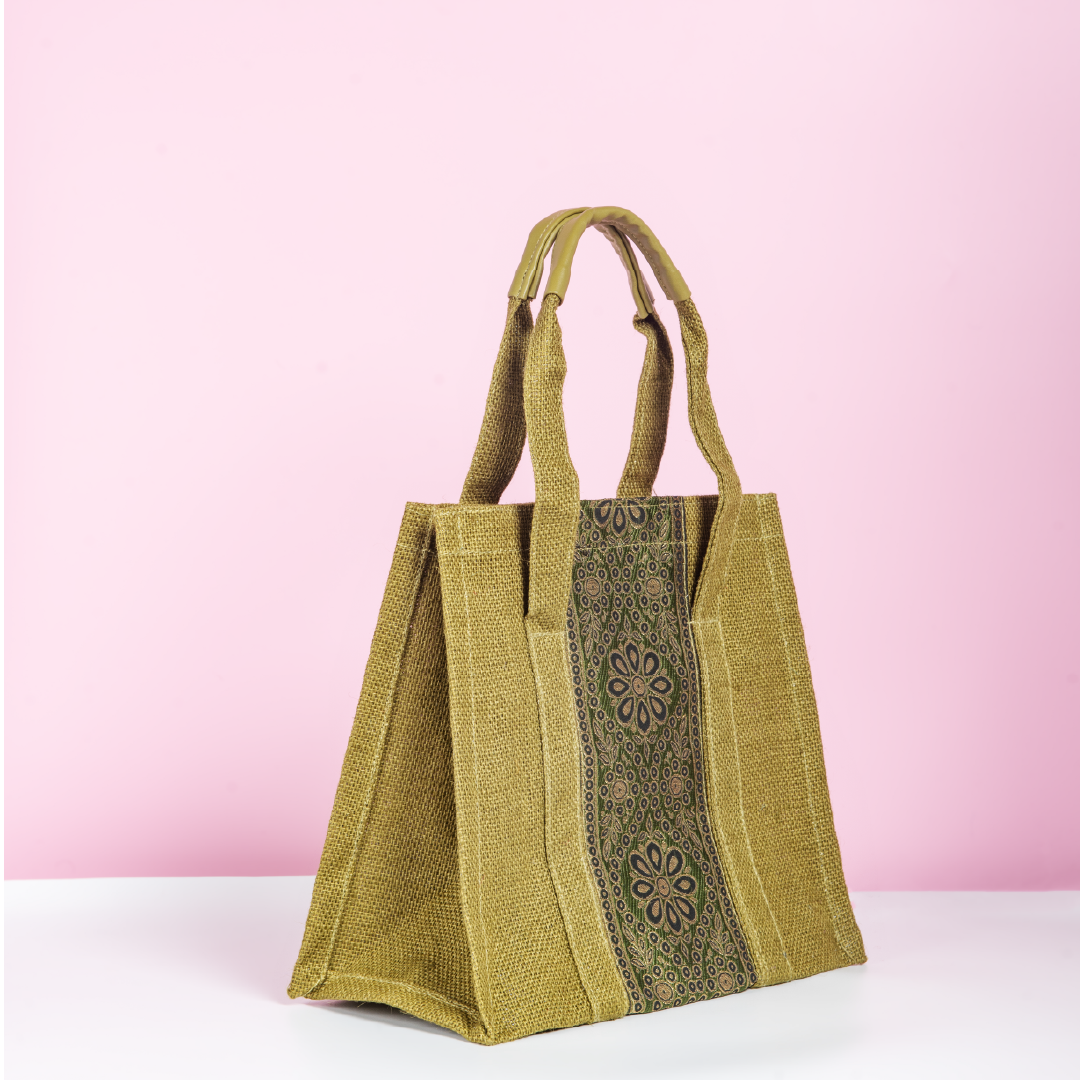 Vertical Lace Jute Lunch Bag with Zipper