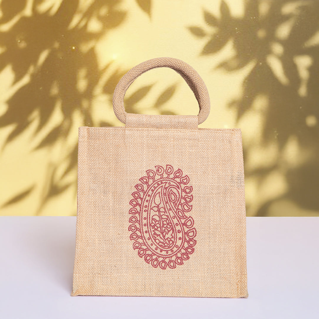 Motif Zipper Jute Lunch Bag
