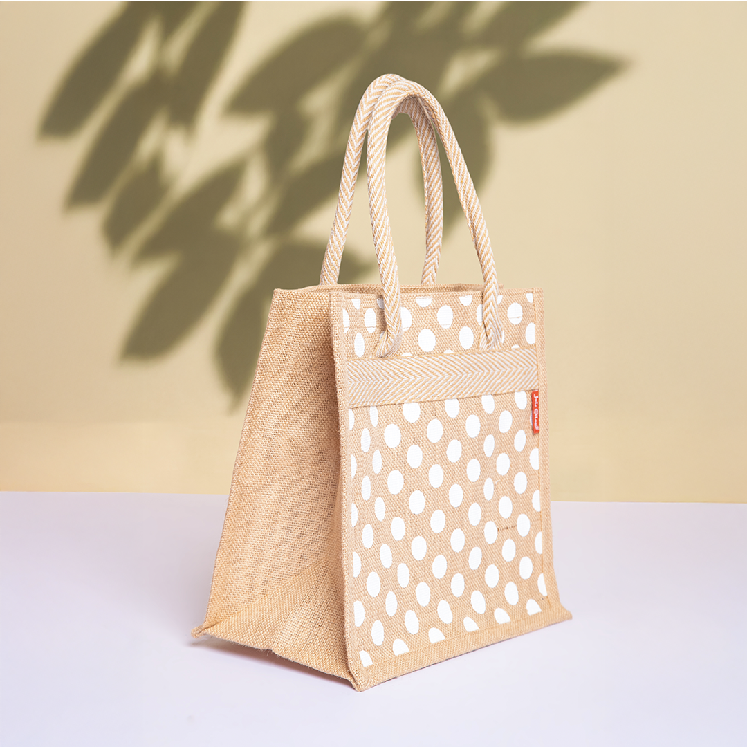 Polka Dot Jute Lunch Bag with Zipper