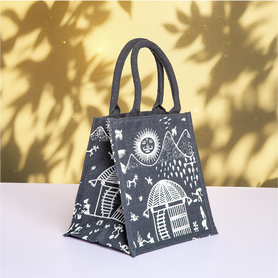 Warli Print Zipper Jute Lunch Bag