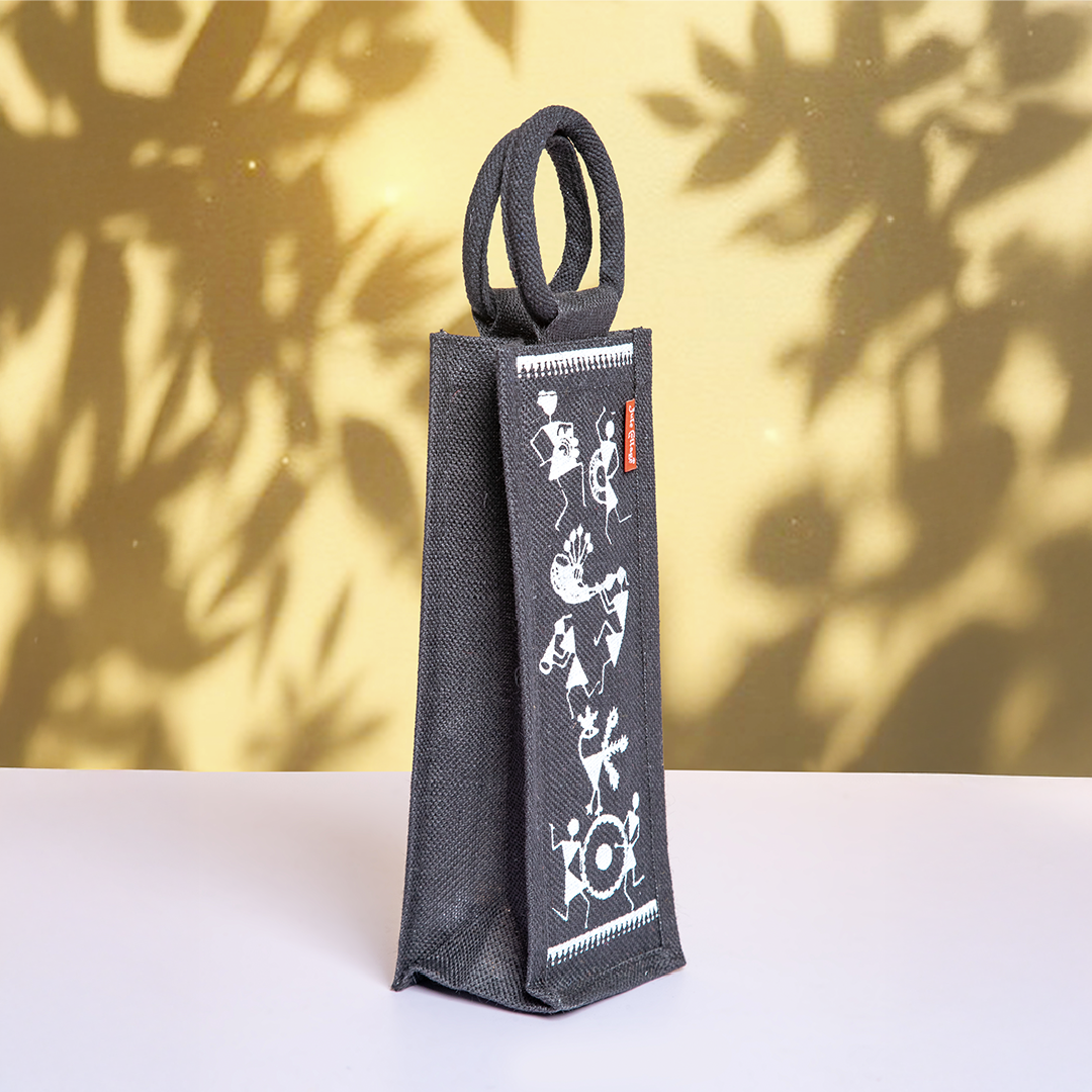 Warli Print Jute Bottle Bag