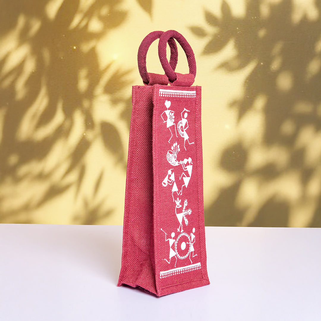Warli Print Jute Bottle Bag
