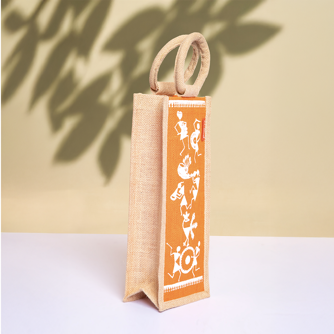 Warli Print Jute Bottle Bag