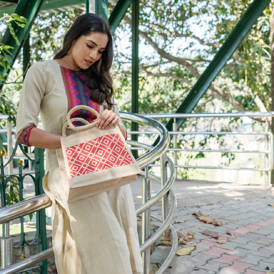 Taper Zipper Jute Lunch Bag