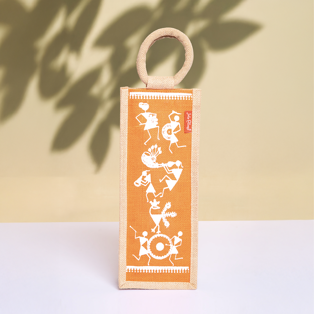 Warli Print Jute Bottle Bag