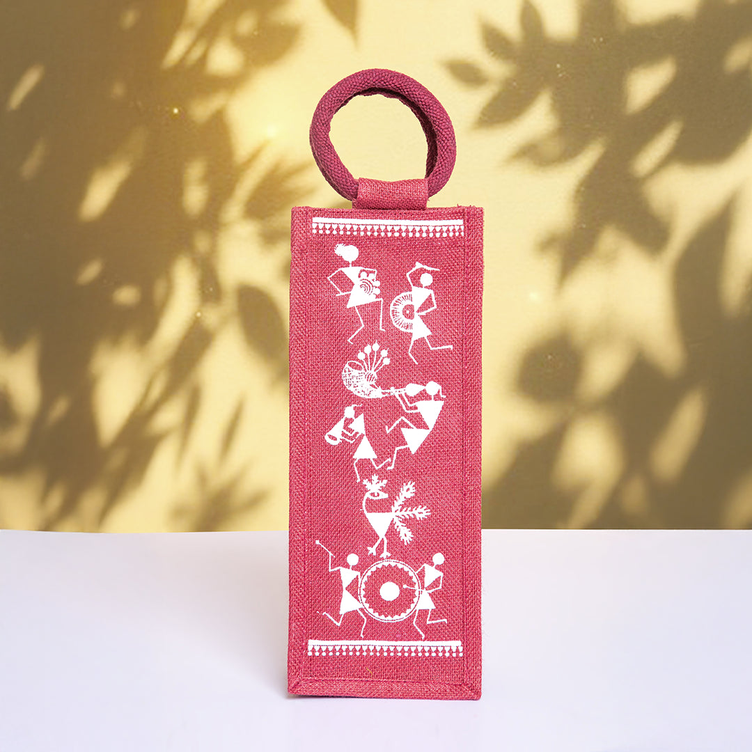 Warli Print Jute Bottle Bag