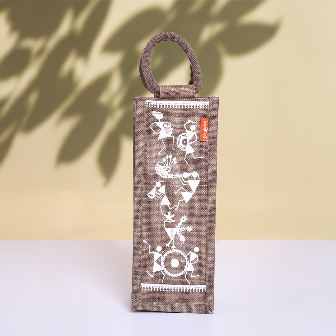 Warli Print Jute Bottle Bag
