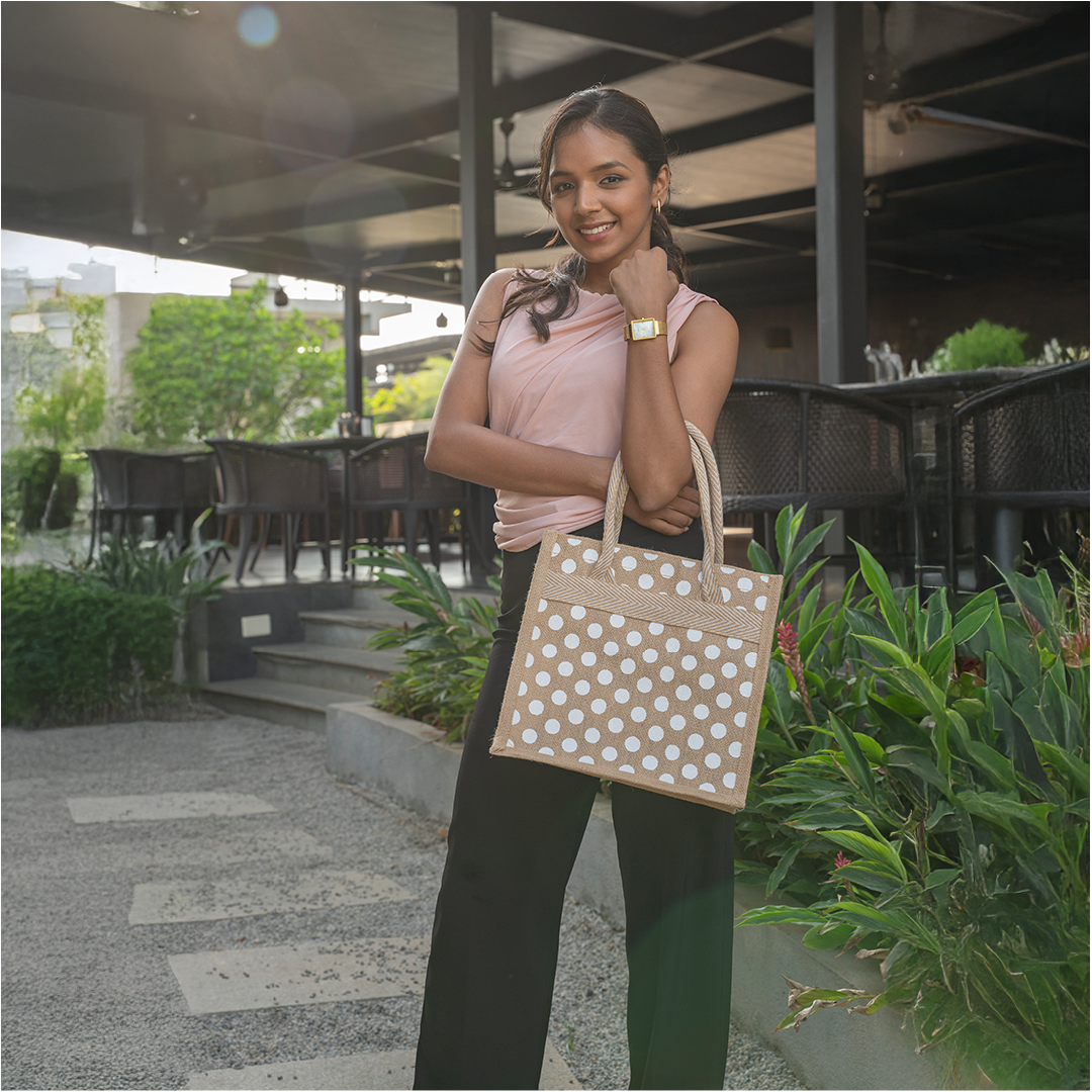 Polka Dot Jute Lunch Bag with Zipper