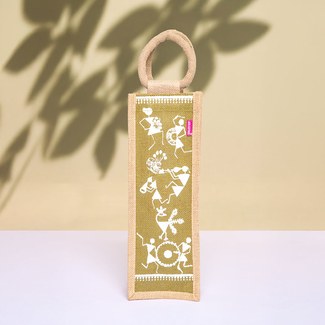 Warli Print Jute Bottle Bag