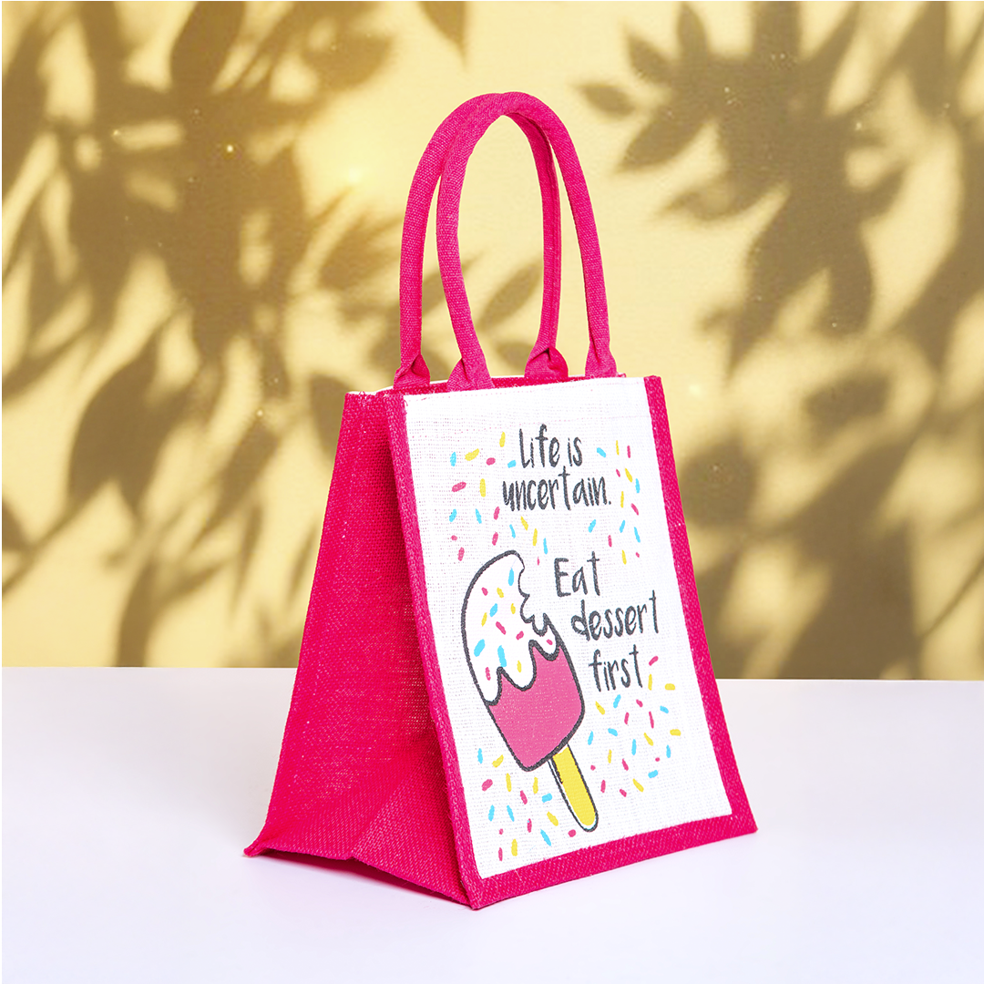 Ice Cream Zipper Jute Lunch Bag