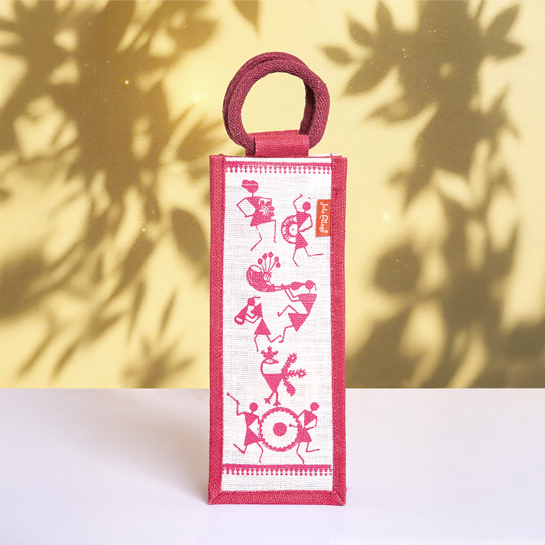 Warli Print Jute Bottle Bag