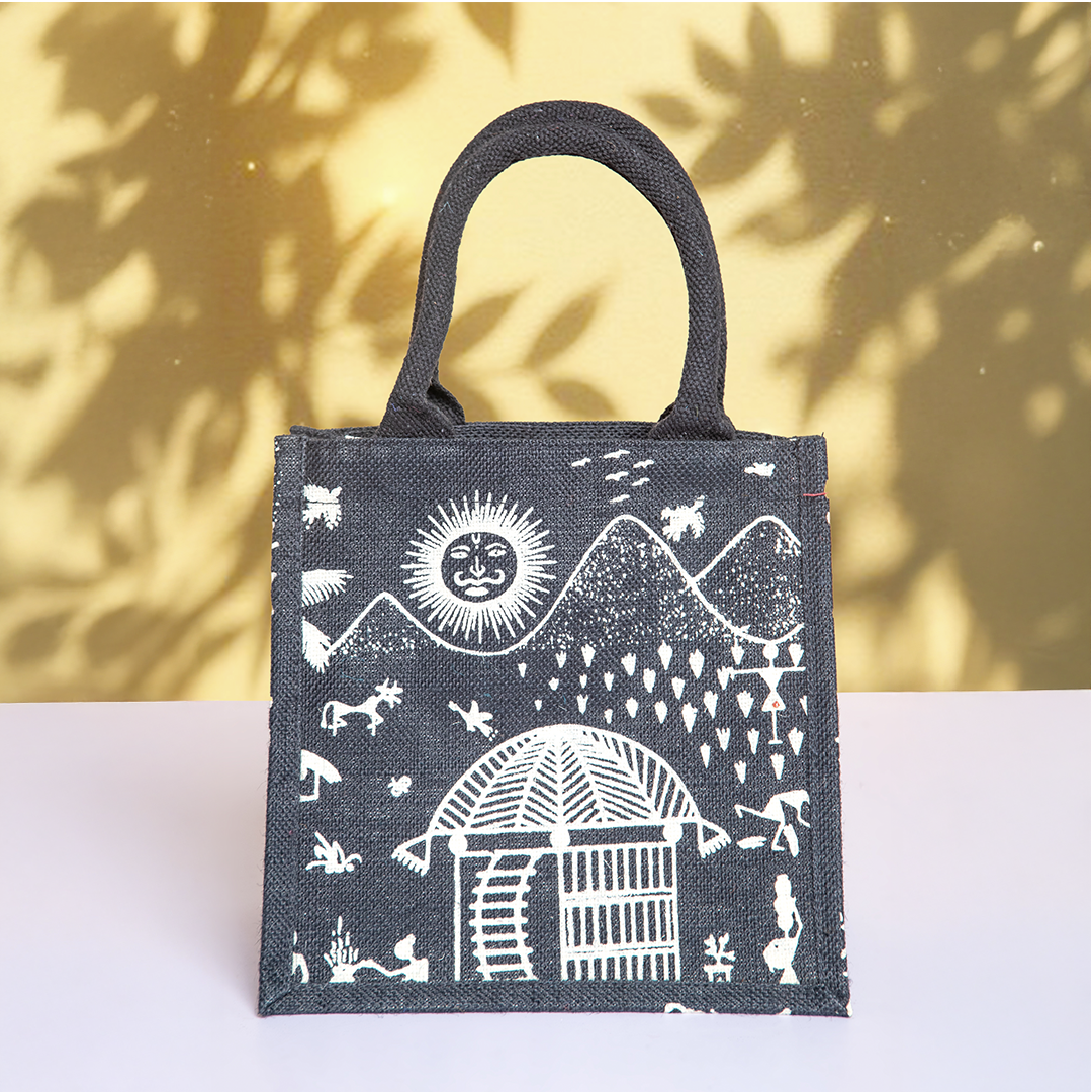Warli Print Zipper Jute Lunch Bag