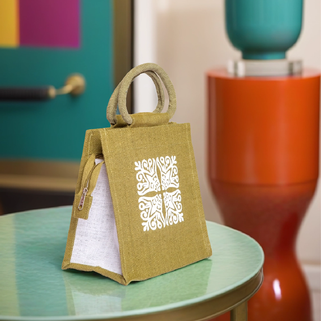 Motif Zipper Jute Lunch Bag
