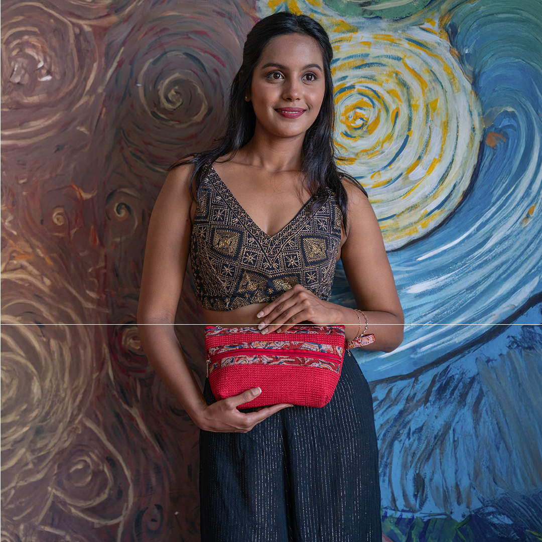 Dobby Kalamkari Jute Pouch - 2 Zip