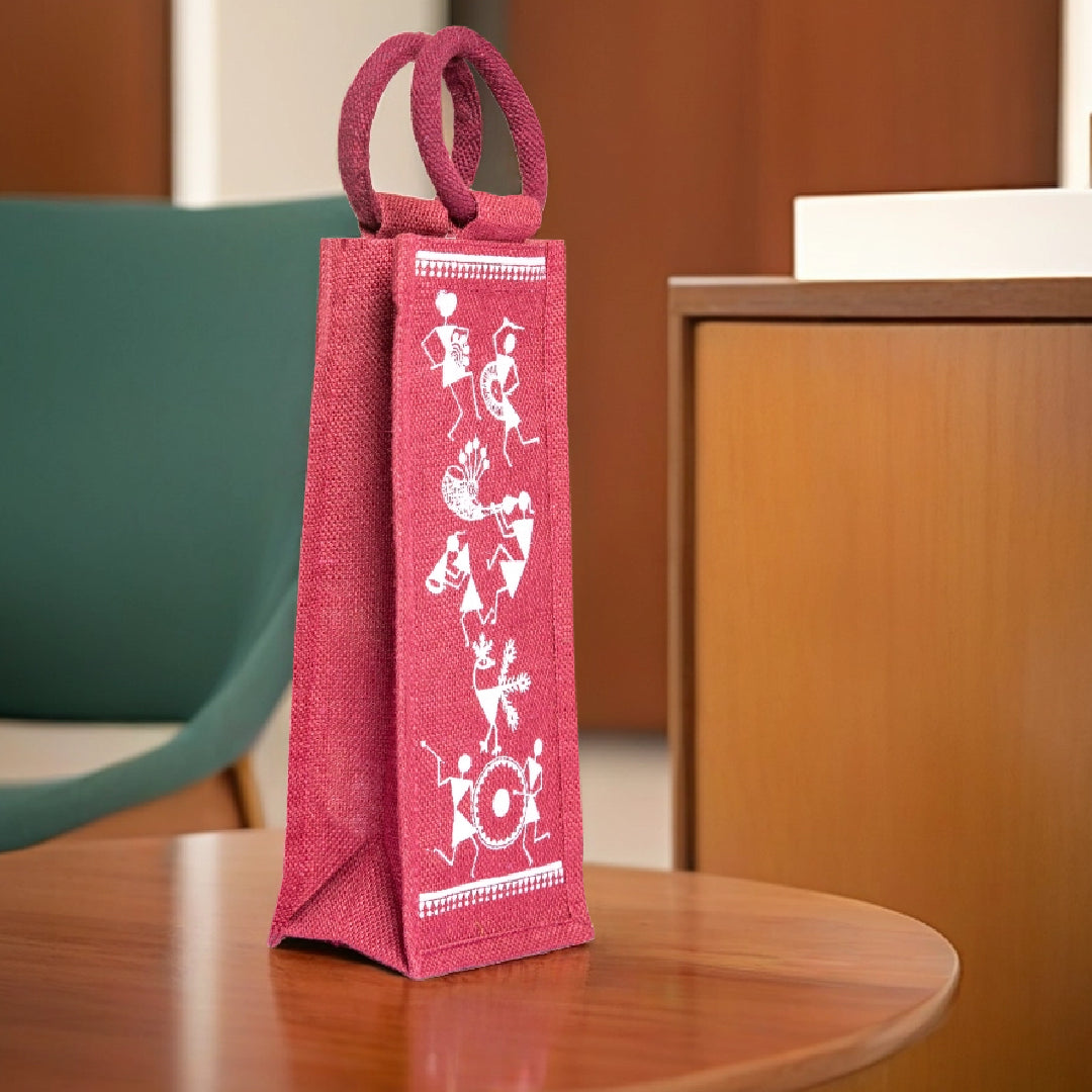 Warli Print Jute Bottle Bag