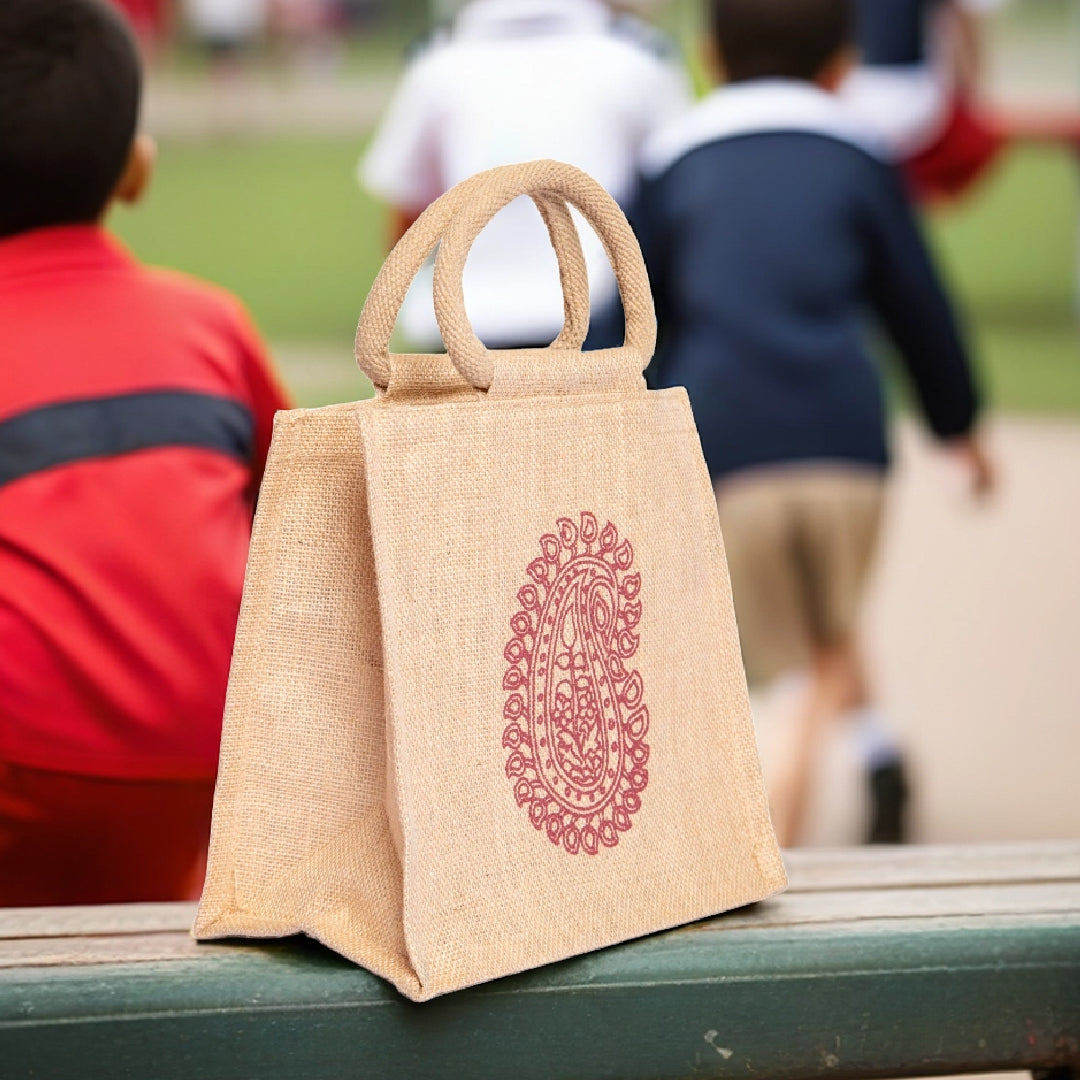 Motif Zipper Jute Lunch Bag