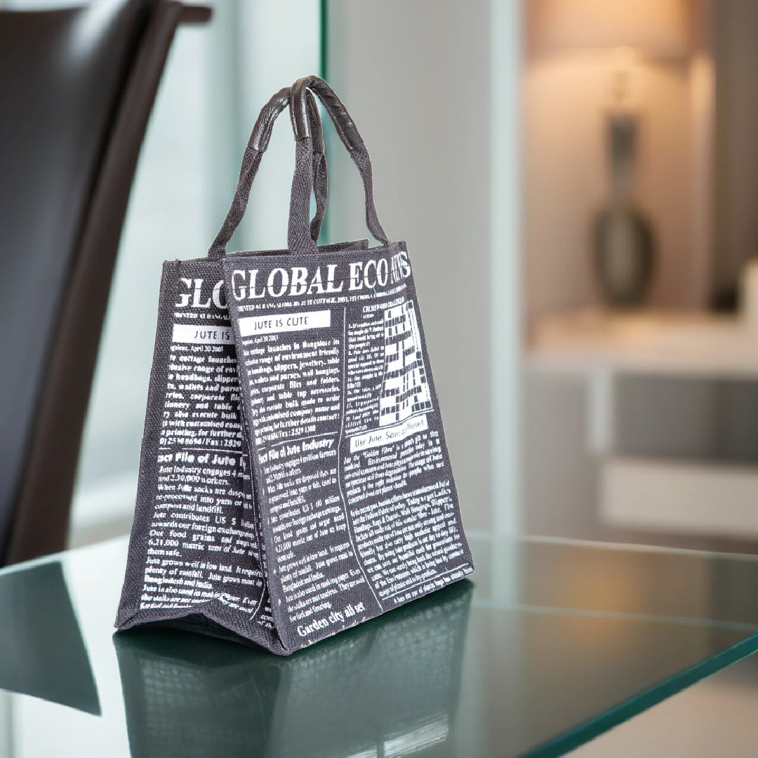 Global Newspaper Print Jute Lunch Bag Medium Black