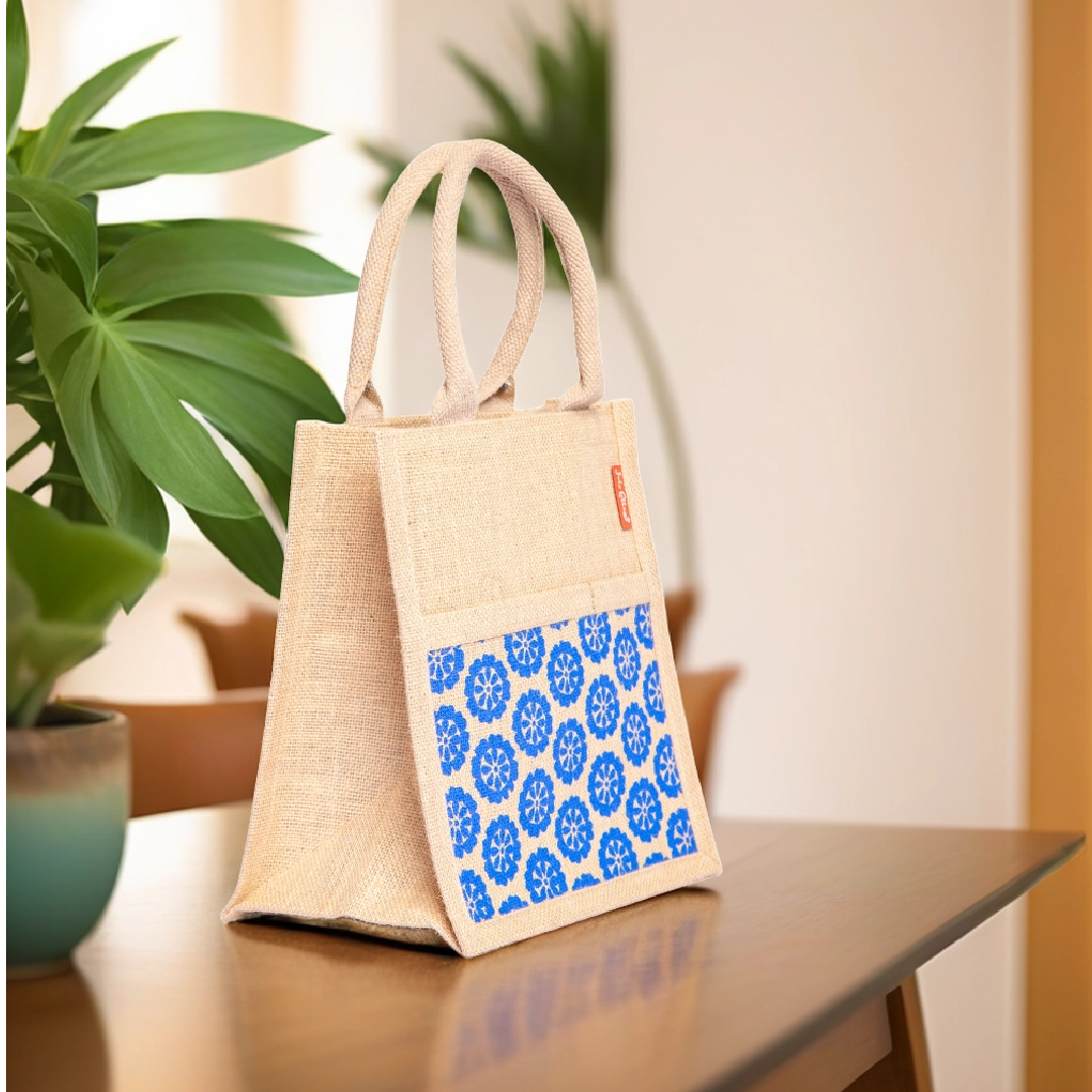 Floral Graphic Jute Lunch Bag with Zipper