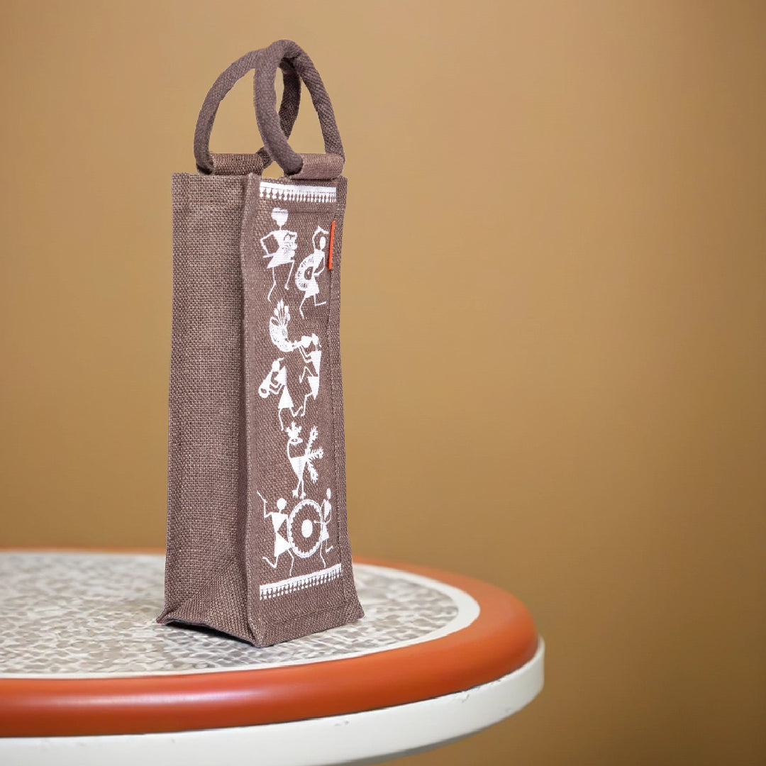 Warli Print Jute Bottle Bag