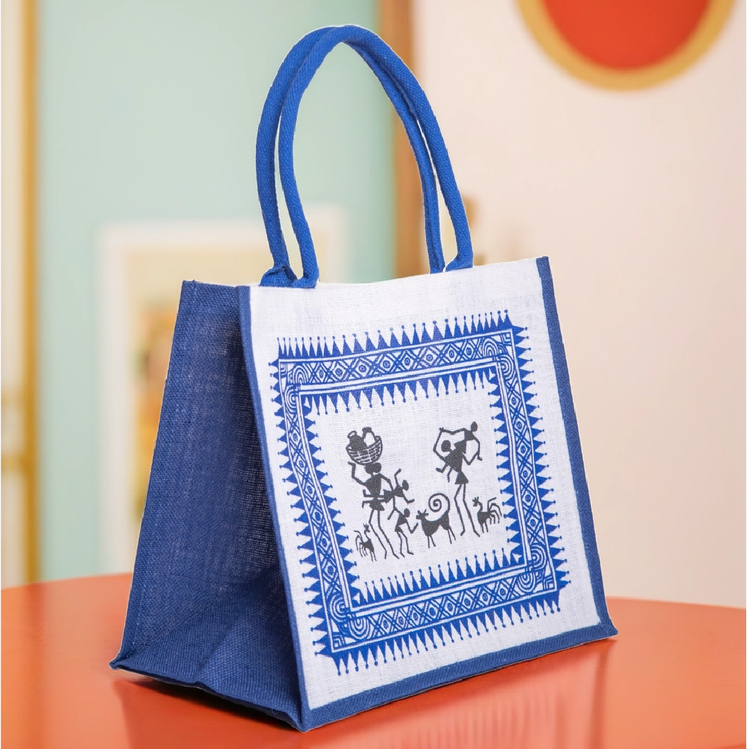Warli Print Hook and Loop Fastener Jute Shopping Bag